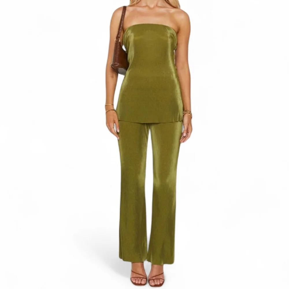 Green Pleated Matching Tube Top And Wide Leg Pants 2PC Set